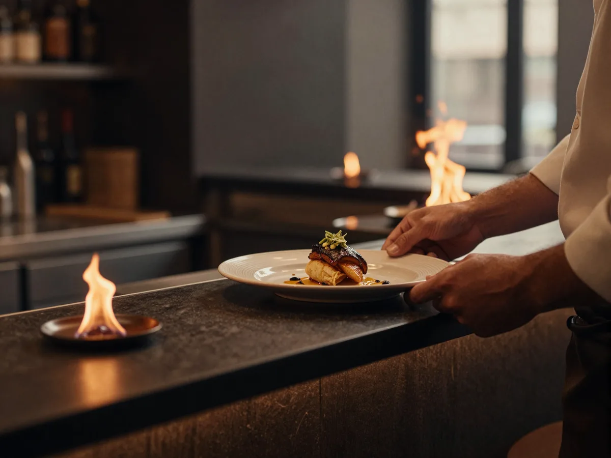 A chef plating at a fire-lit restaurant counter, dark and moody, warm glow
