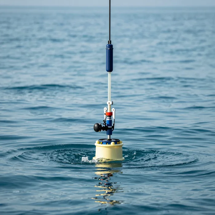 A CTD rosette sampler being lowered into a calm teal sea