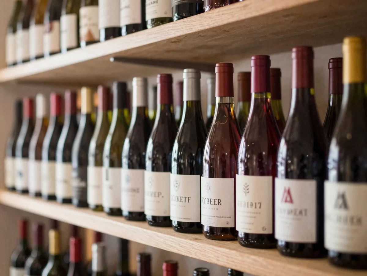 A cozy wine bar cellar with rows of natural wine bottles, warm moody light