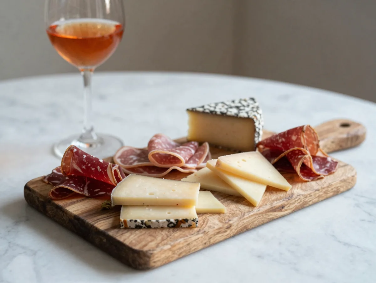 A rustic charcuterie and cheese board on a marble bar with a glass of orange wine