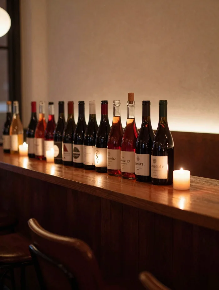 A candlelit natural wine bar interior at night, warm and intimate