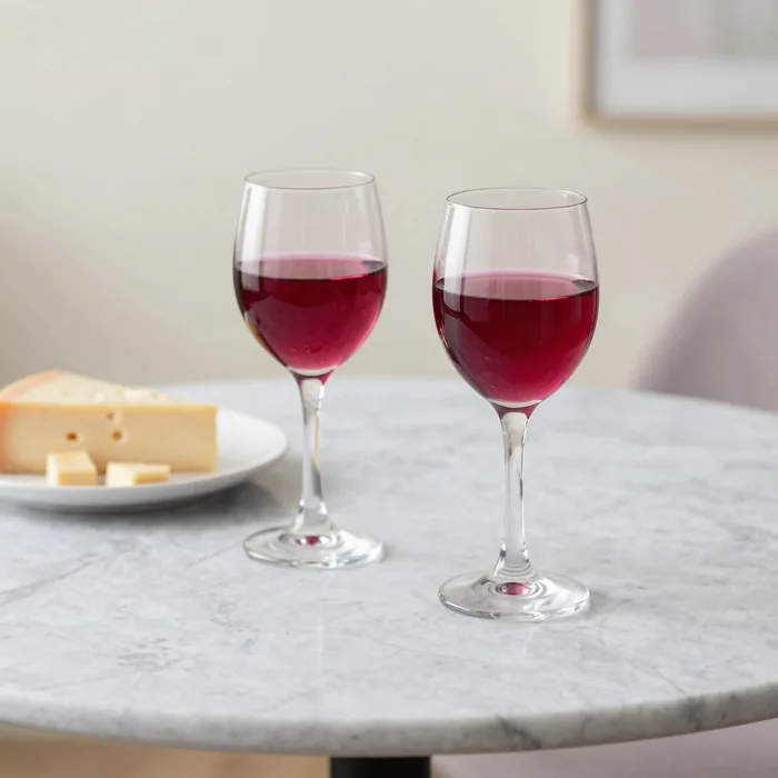 A small marble table with two wine glasses and a cheese plate