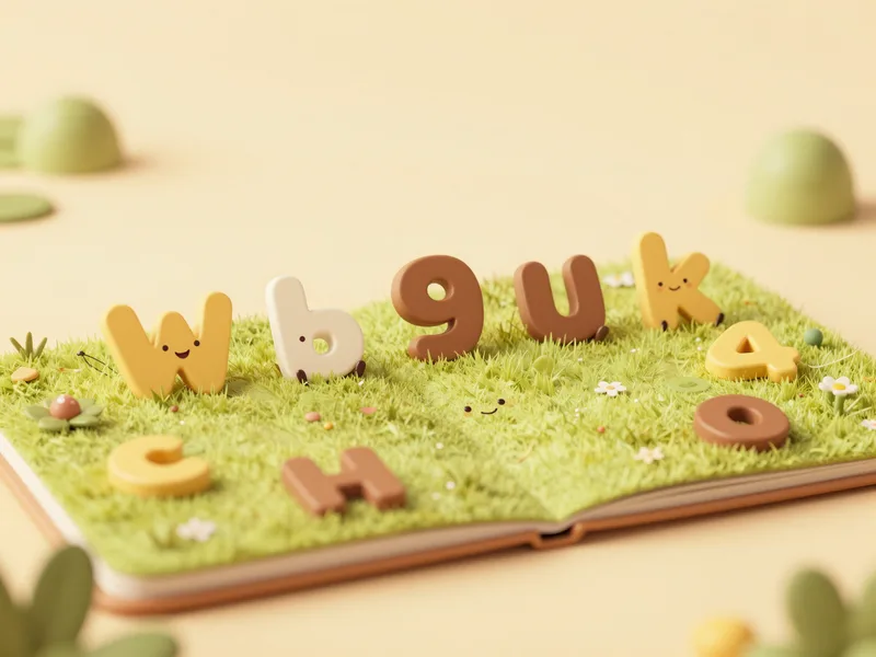 A cheerful cartoon meadow reading game scene with friendly letters, warm honey-gold palette