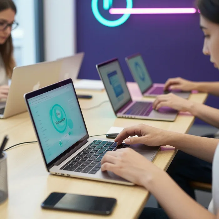 A hands-on design workshop with laptops under bright neon accent lighting