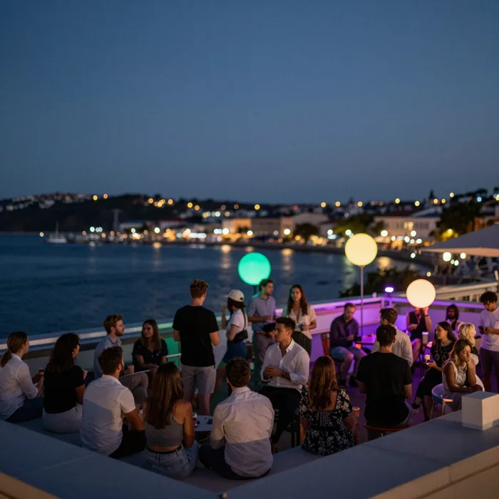 A rooftop networking party at night with a harbour view and colored lights