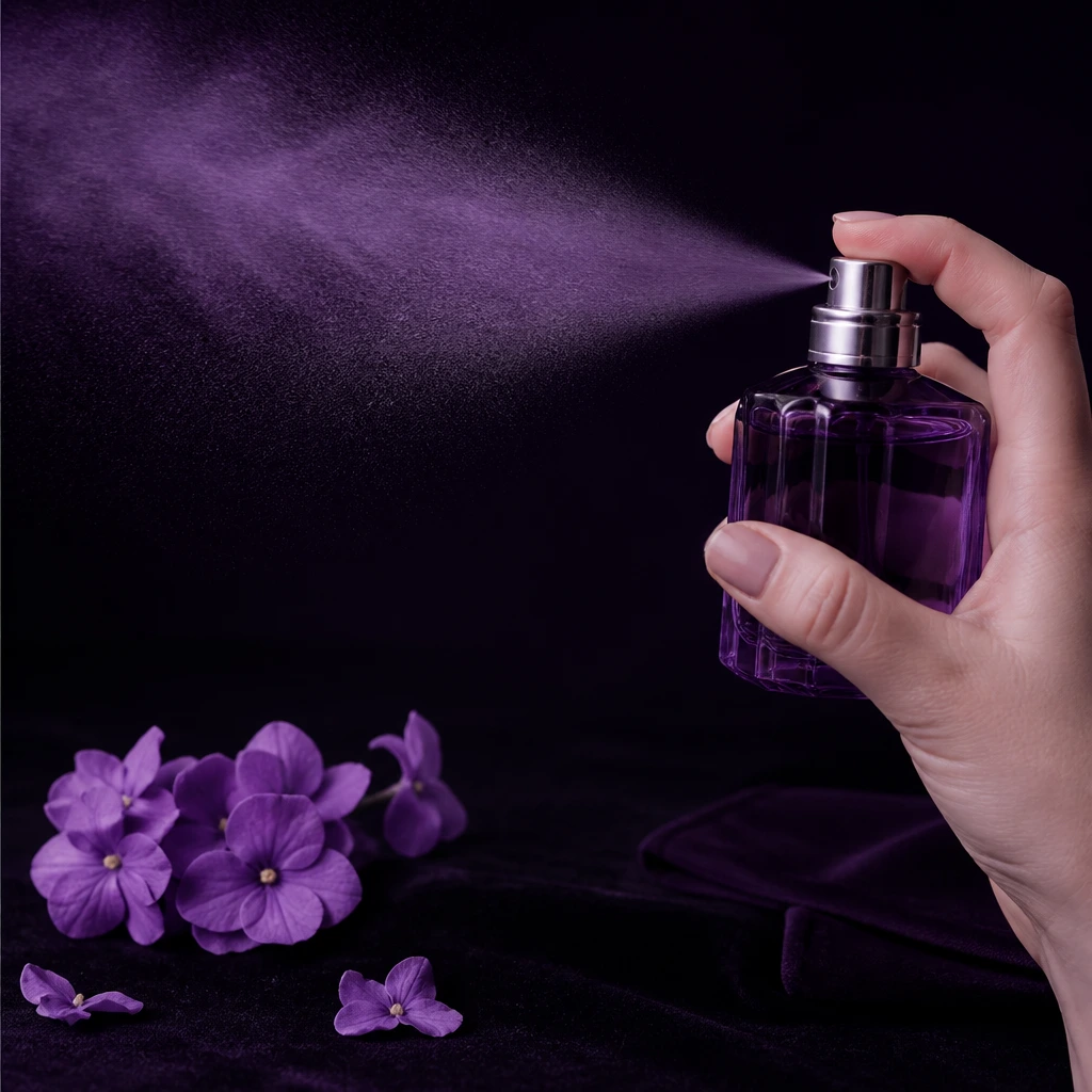 A close-up of perfume being sprayed, a fine violet mist