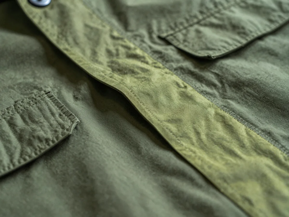 A close-up of rugged technical jacket fabric with reinforced seams, moody green light