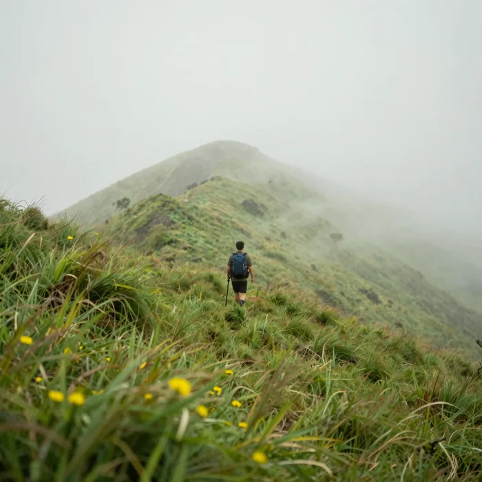 A hiker on a misty ridgeline in a green shell, wind and cloud