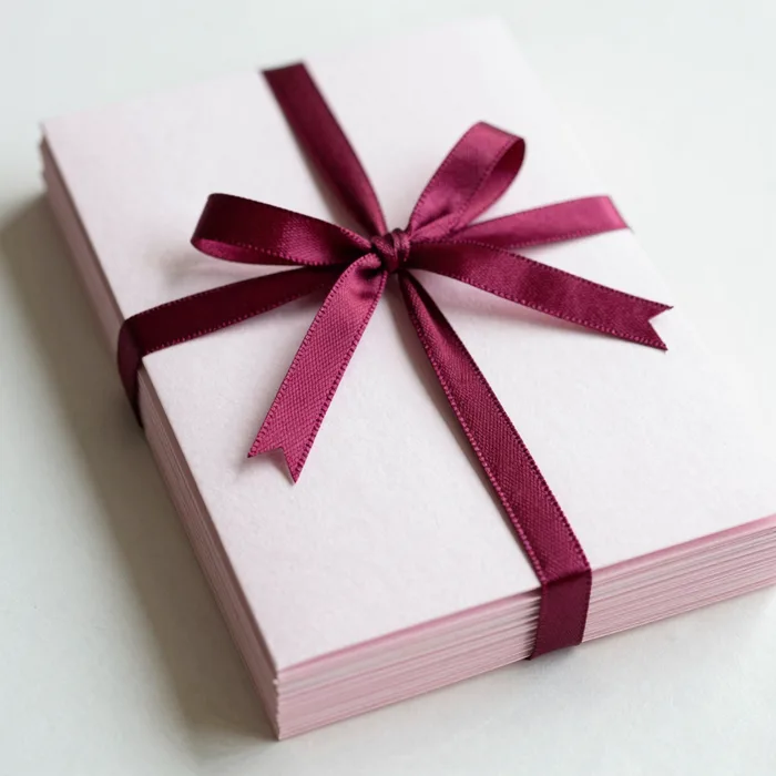 A stack of pastel letterpress cards tied with ribbon