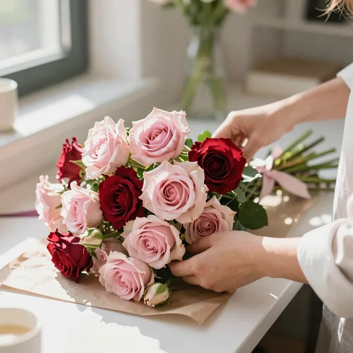 A florist wrapping a bouquet at a sunlit counter