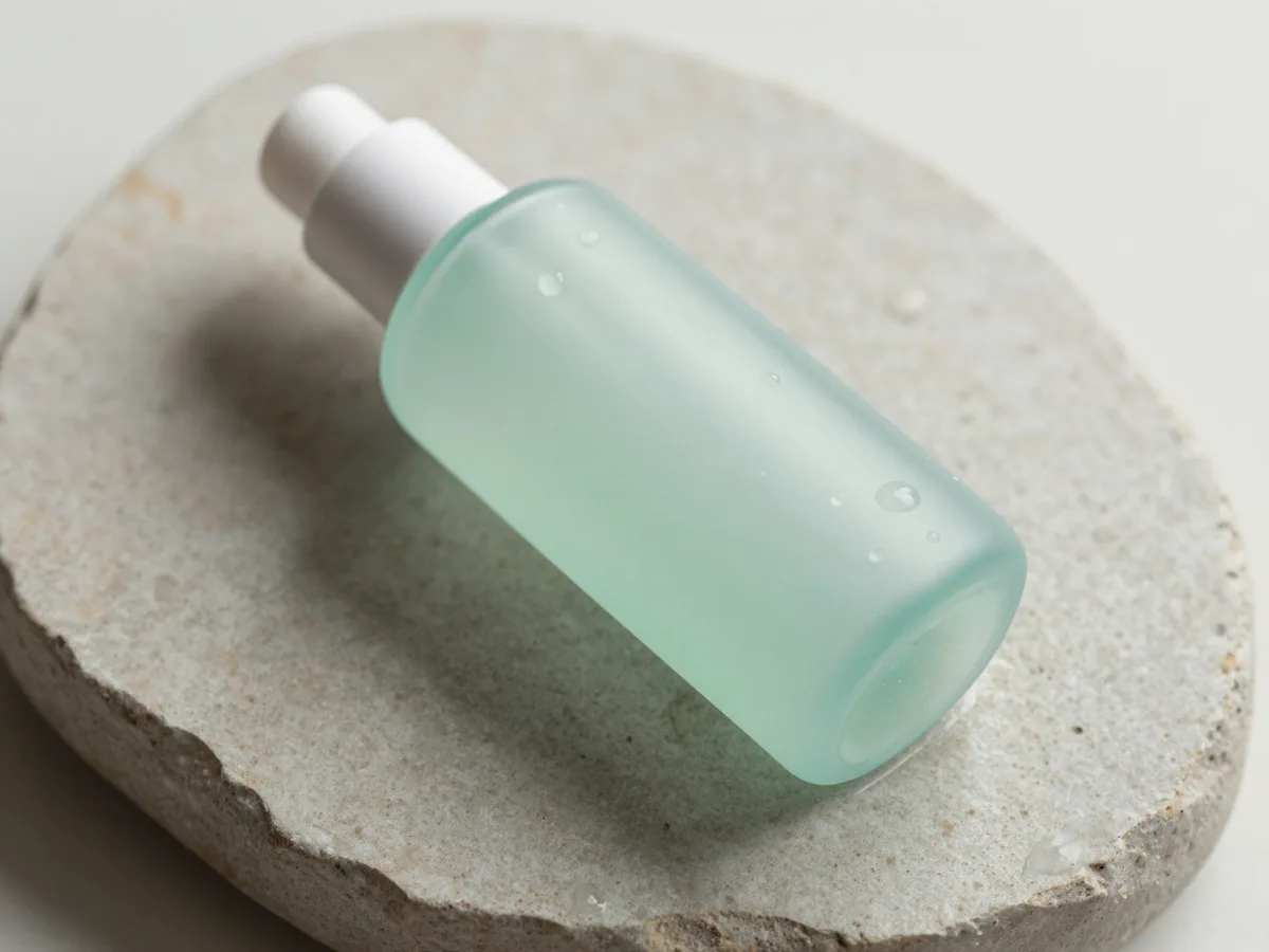 A minimalist skincare bottle on wet stone with water droplets, pale seaglass green