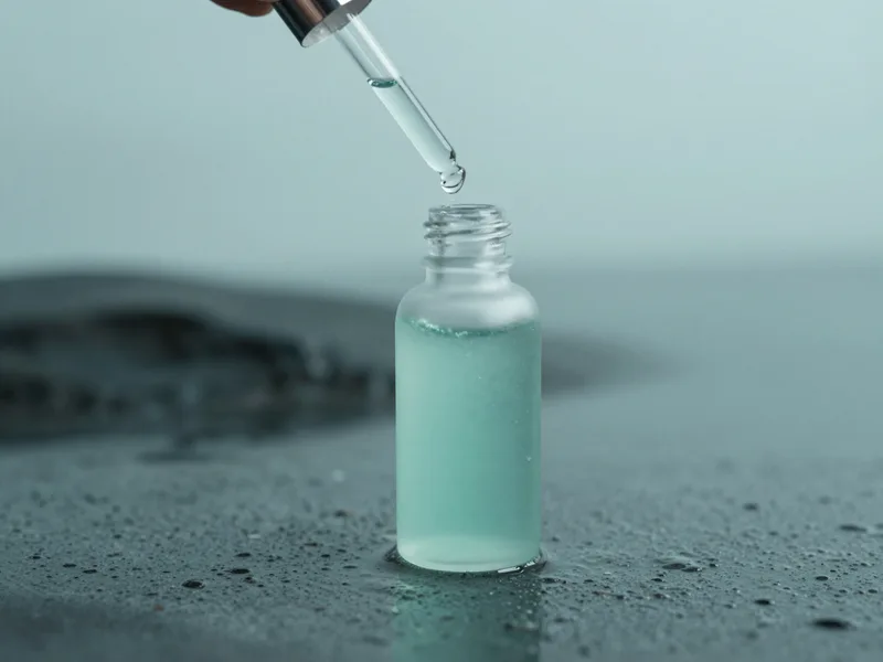 A dropper of mineral serum over a tide pool background, cool teal and slate tones