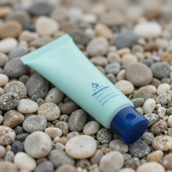A tube of mineral SPF on smooth beach pebbles, soft overcast daylight