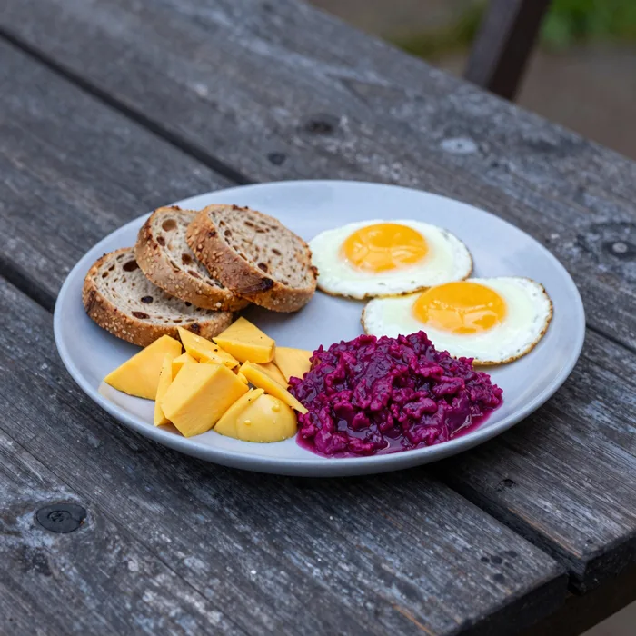 A rustic wooden table set with a colorful plant-based breakfast outdoors