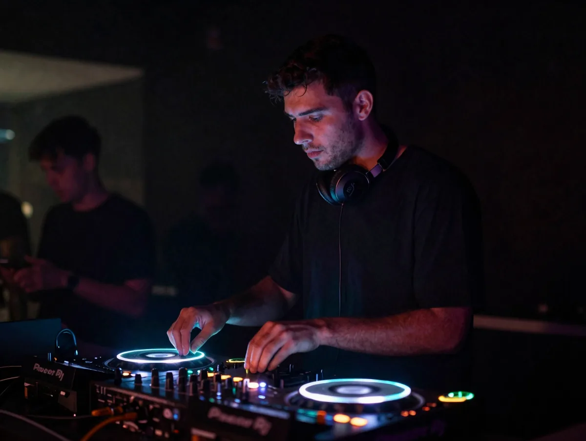A DJ playing a glowing neon-lit set in a dark club, cinematic
