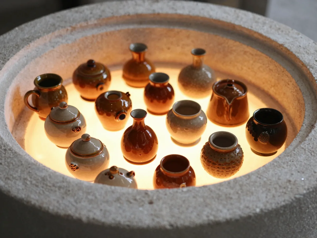 Glazed ceramic pieces glowing inside a hot kiln, warm amber light