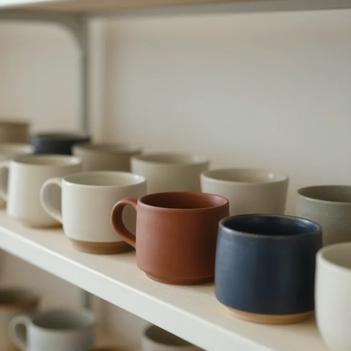 A row of hand-thrown mugs drying on a studio shelf