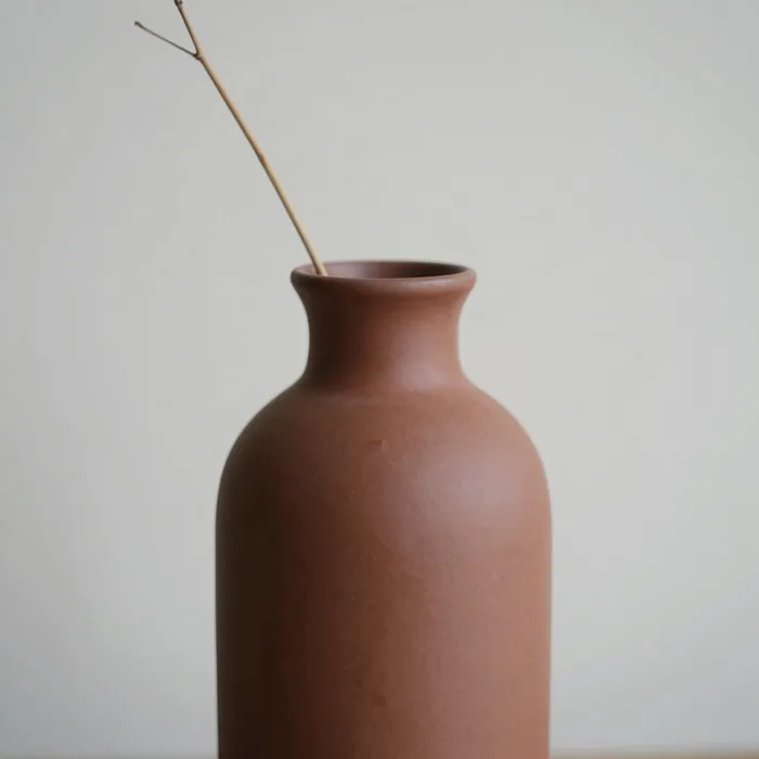 A matte dune-toned vase with a single dried stem