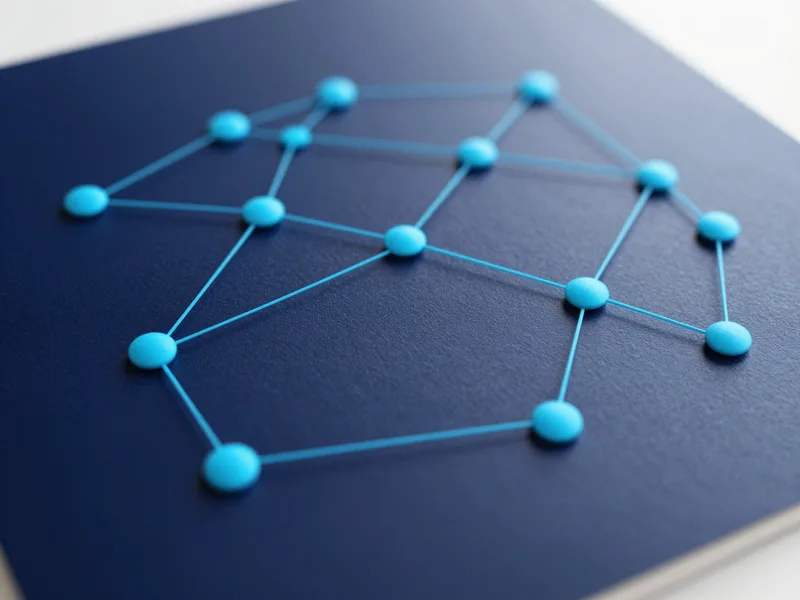 An abstract network routing diagram with bright cyan nodes on deep navy, sleek technical render