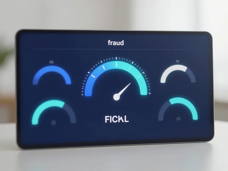 A minimal fraud-scoring dashboard render with glowing risk gauges, cobalt and cyan UI