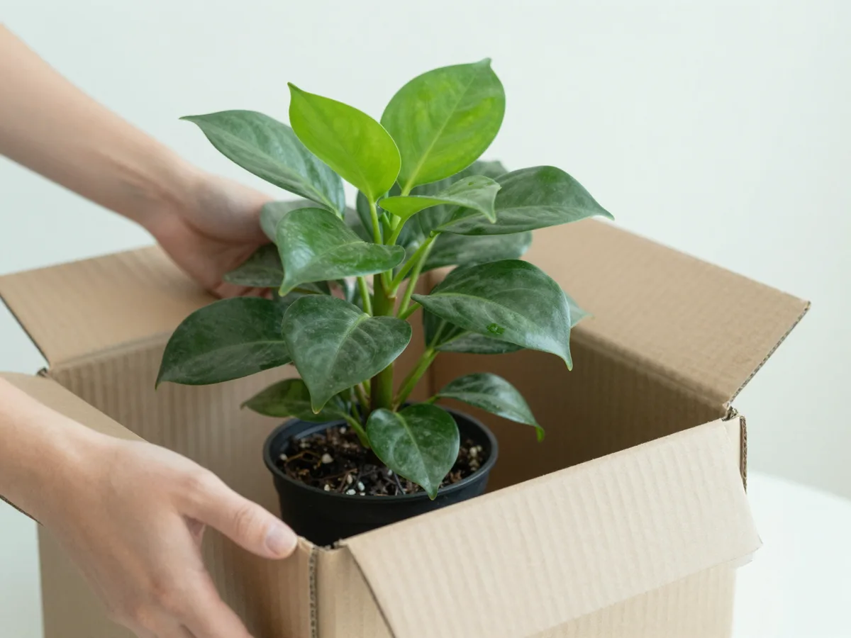 A hand unboxing a potted plant delivered in a cardboard box, fresh green