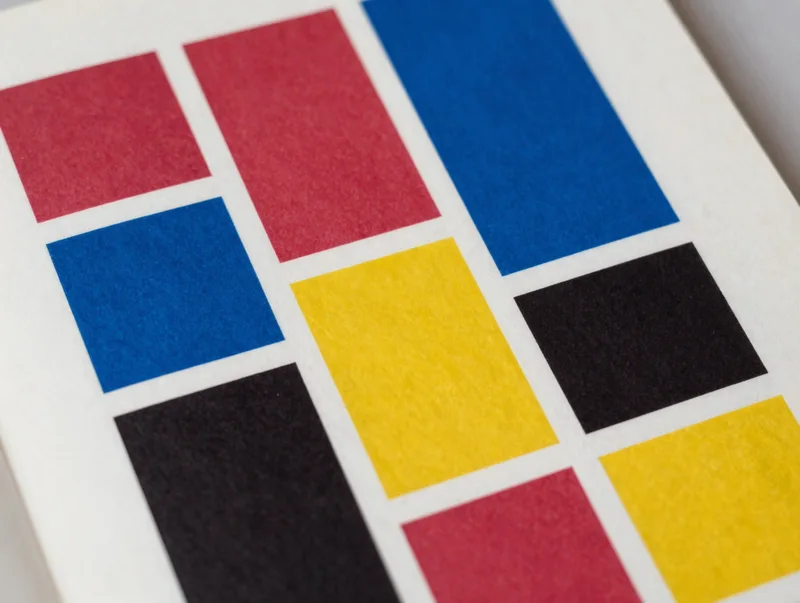 A bold editorial illustration of an abstract modernist grid in primary colors, Bauhaus poster style