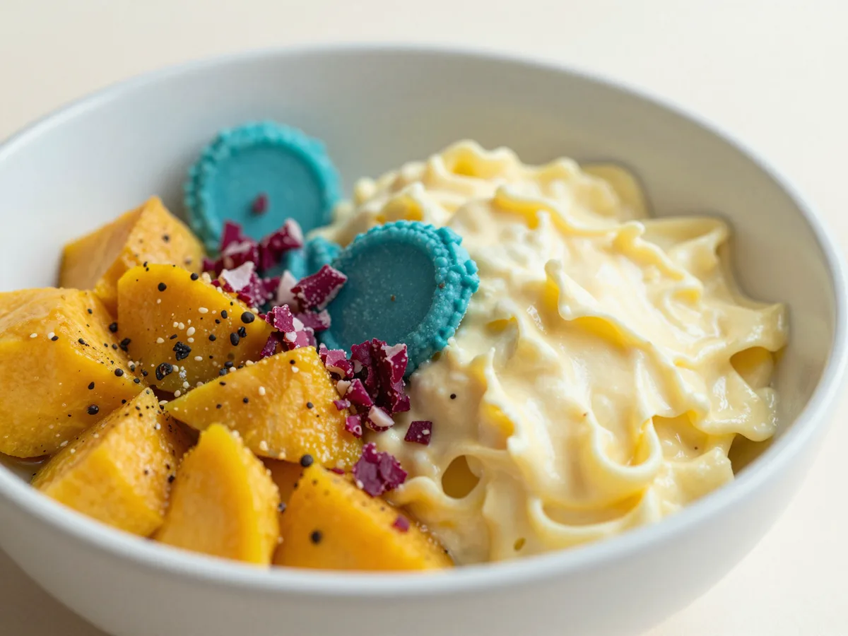 A bright overhead shot of a colorful fresh weeknight dinner in a bowl