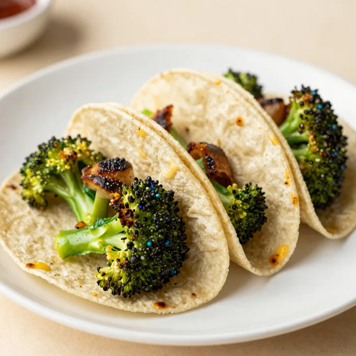 Charred broccoli tacos on a bright plate