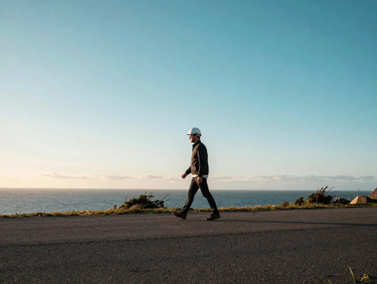 An architect walking a windswept coastal site at golden hour, wide and calm