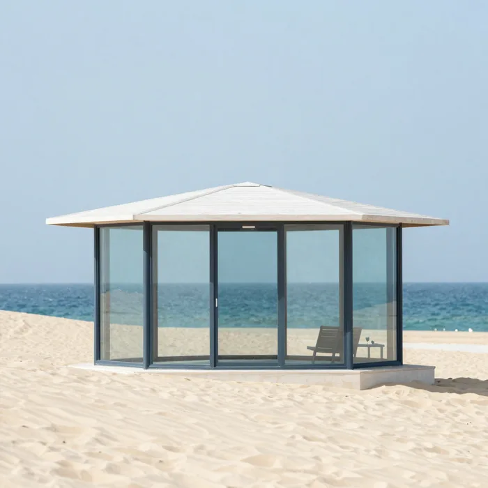 A minimalist dune pavilion with glass facing the sea
