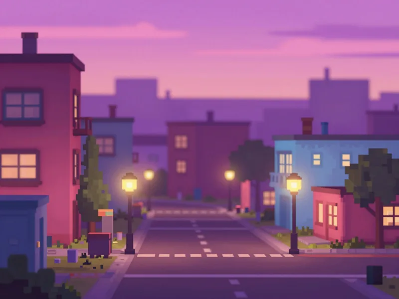 A cozy pixel-art town at dusk with glowing streetlights, warm vaporwave pinks and purples, game screenshot