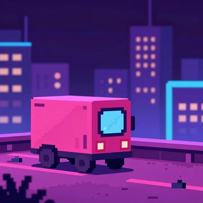 A neon rooftop delivery scene in pixel art, night city with pink and blue glow