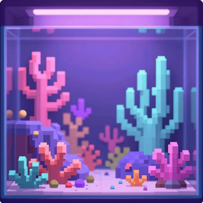 A colorful pixel-art coral reef aquarium scene, pastel vaporwave