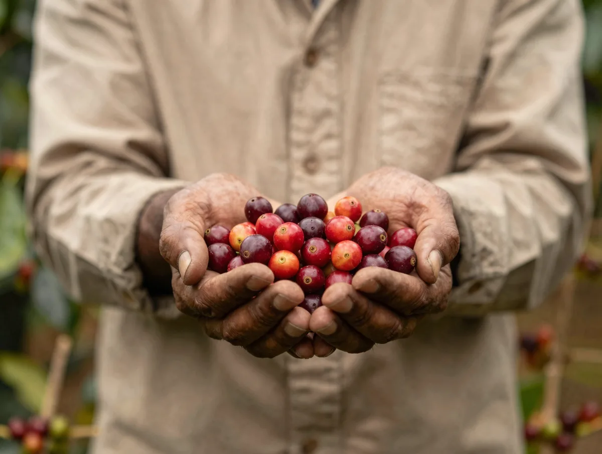 A coffee farmer holding fresh red coffee cherries on a highland farm, warm light