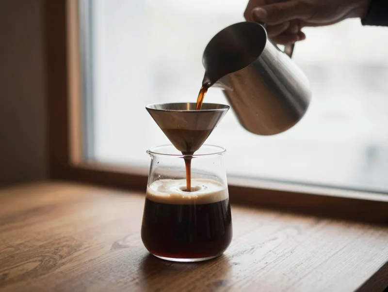 A pour-over coffee setup with rich crema in soft window light, cozy cafe still life, brown palette