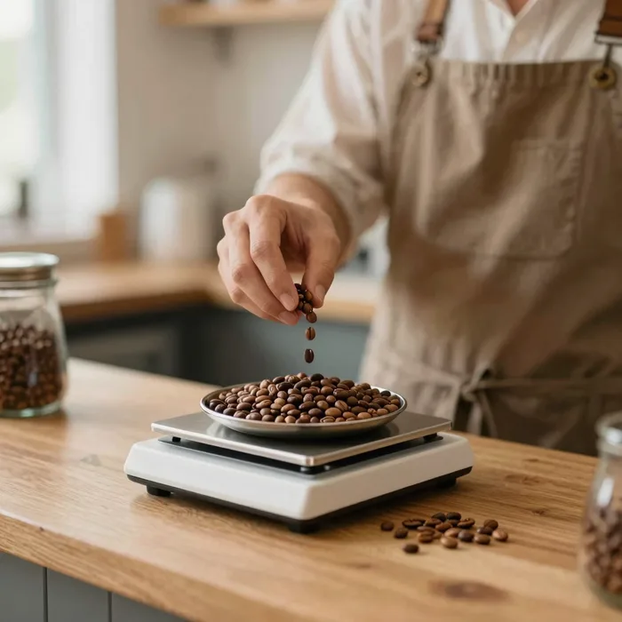 A barista weighing beans on a scale at a wooden counter