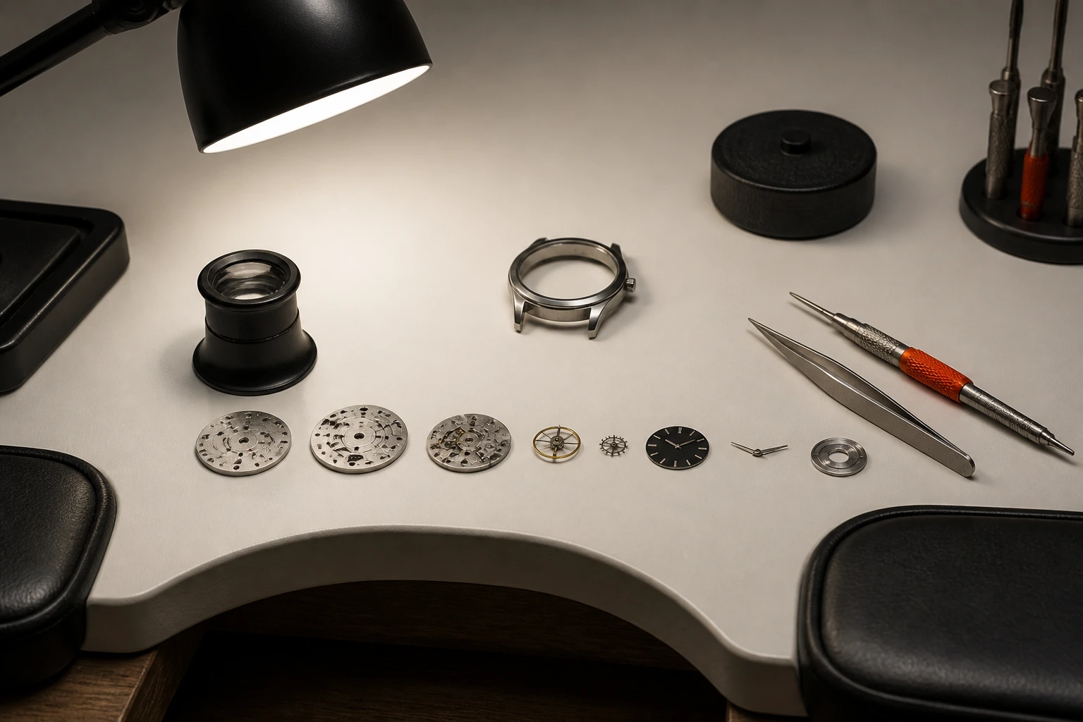 A watchmaker's bench in daylight with hand tools laid out in a row and a movement under a loupe