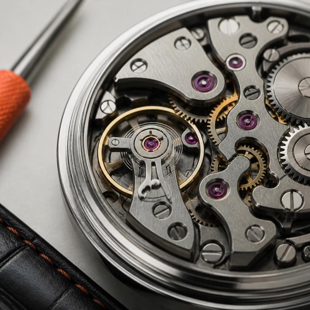 Macro view of a hand-finished mechanical watch movement showing bridges, jewels and the balance wheel