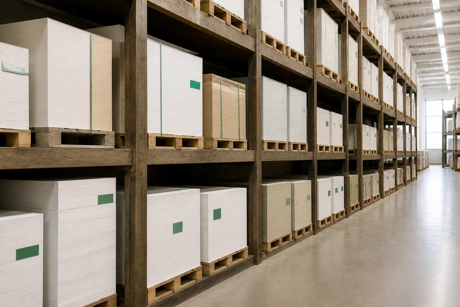 The warehouse floor at Bogen Papier, with stacked reams under high windows.