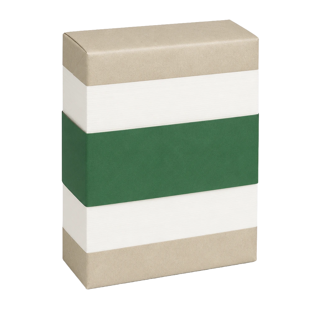 A wrapped ream of paper with its label facing forward.