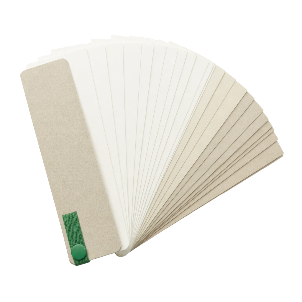 A fan of paper swatches in the eleven stocked shades, spread open.
