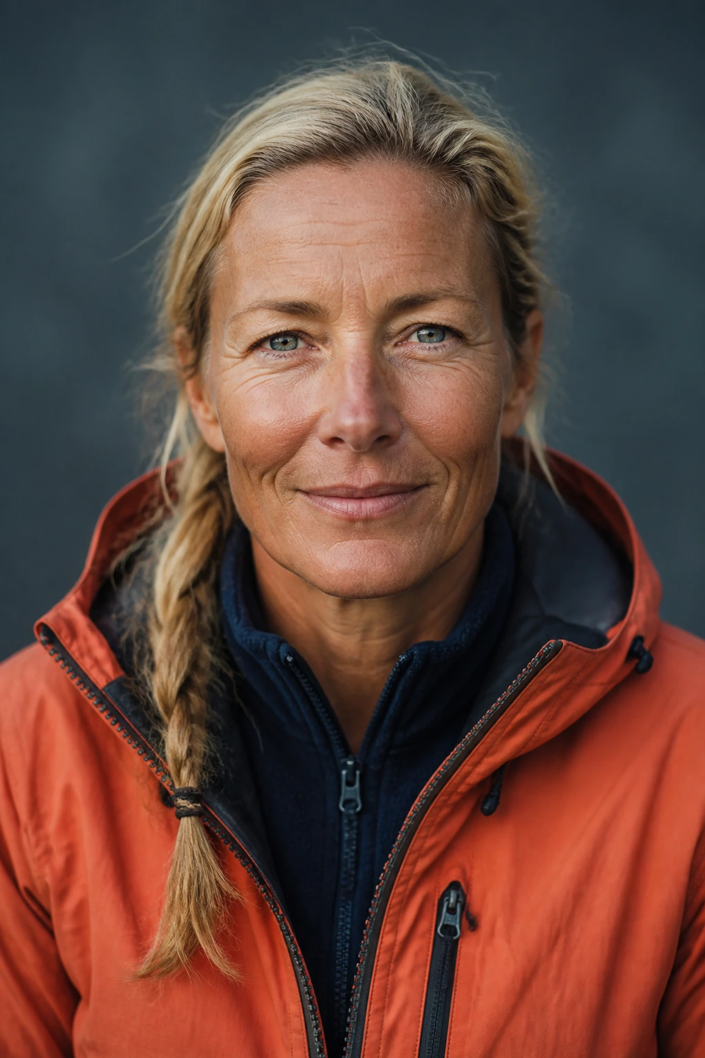 Portrait of guide Lena Aubry-Storli, blonde braid, orange shell jacket