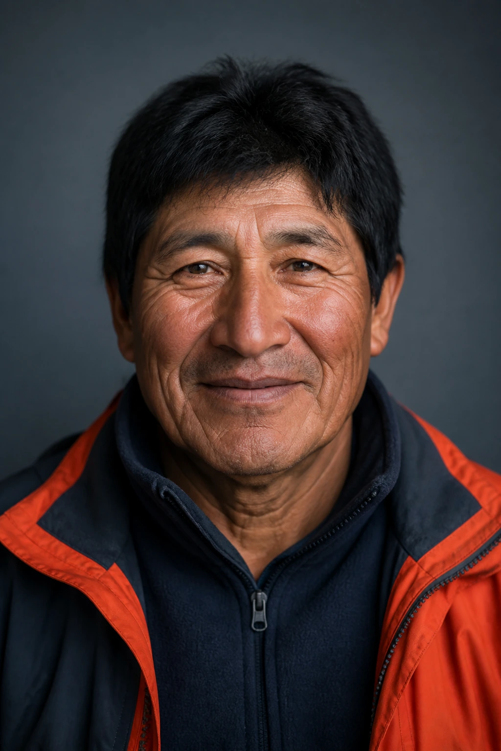 Portrait of guide Mateo Quispe, slate fleece jacket