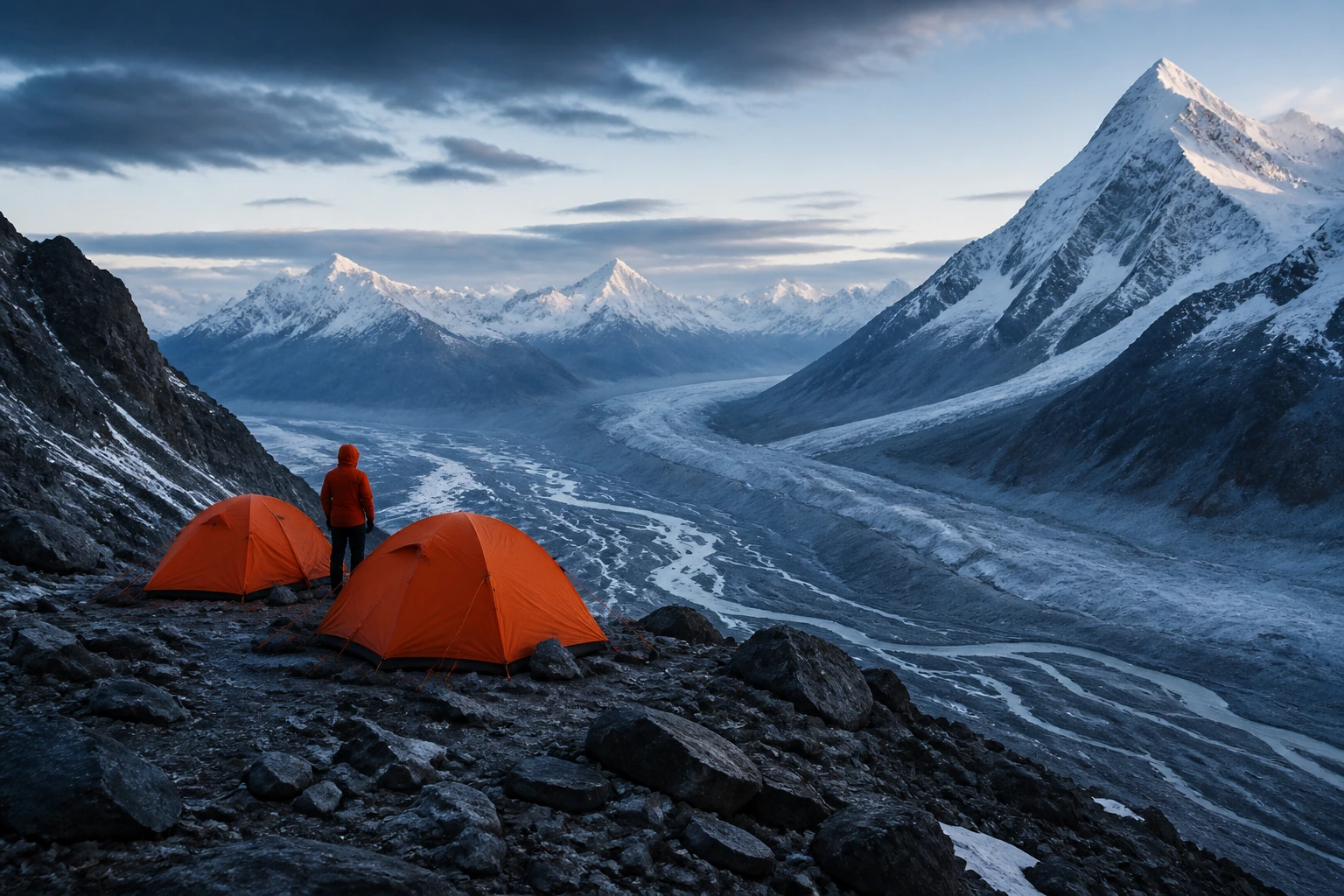 Yellow expedition tents pitched on a rocky moraine below glaciated peaks