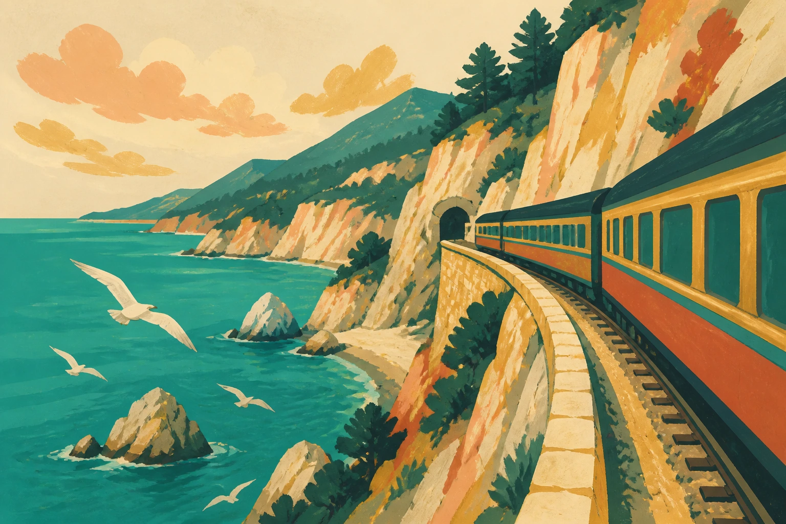 Gouache illustration of a teal train tracing a cliffside coastal line above a turquoise sea