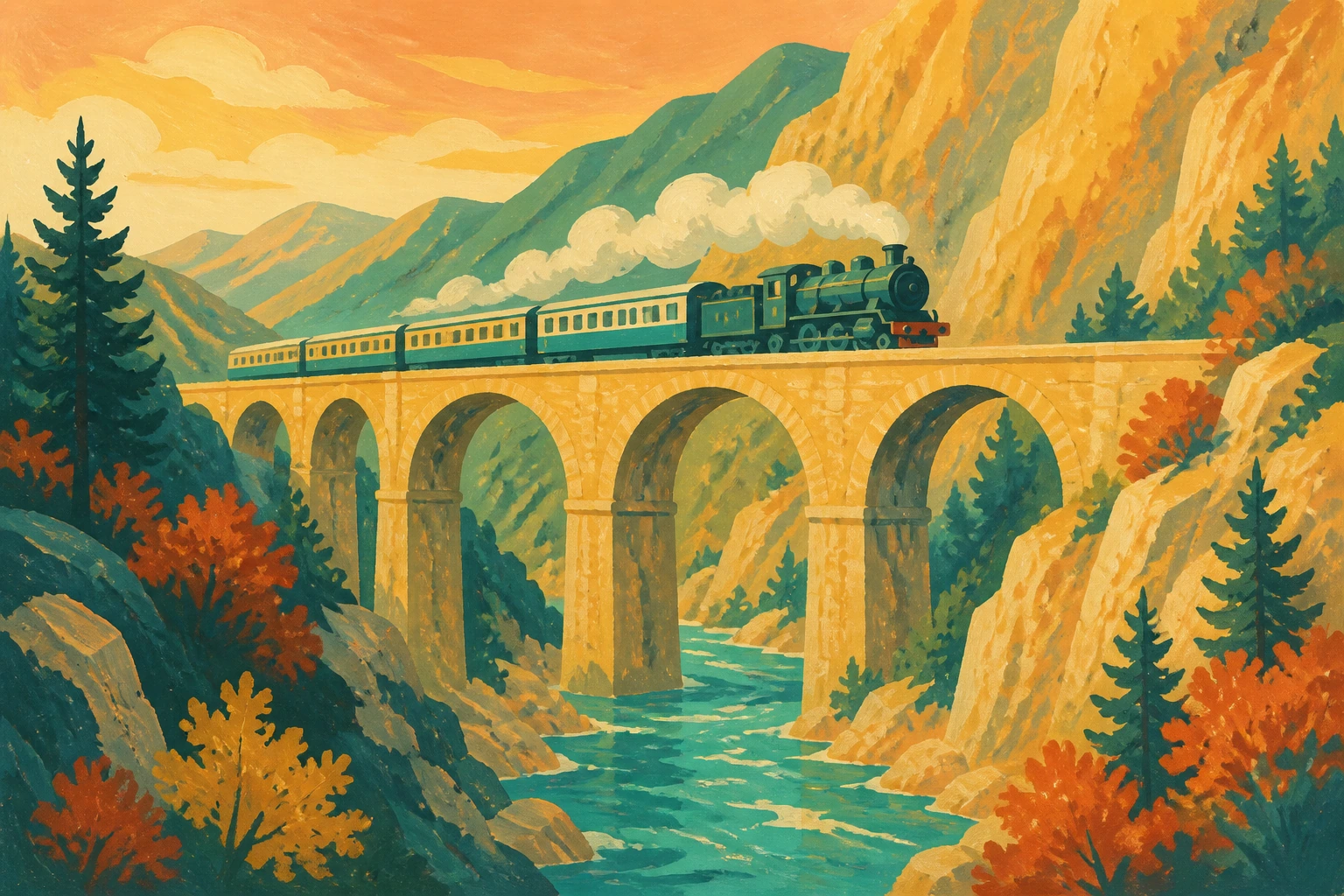 Gouache travel-poster illustration of a teal locomotive crossing a tall stone viaduct at golden hour