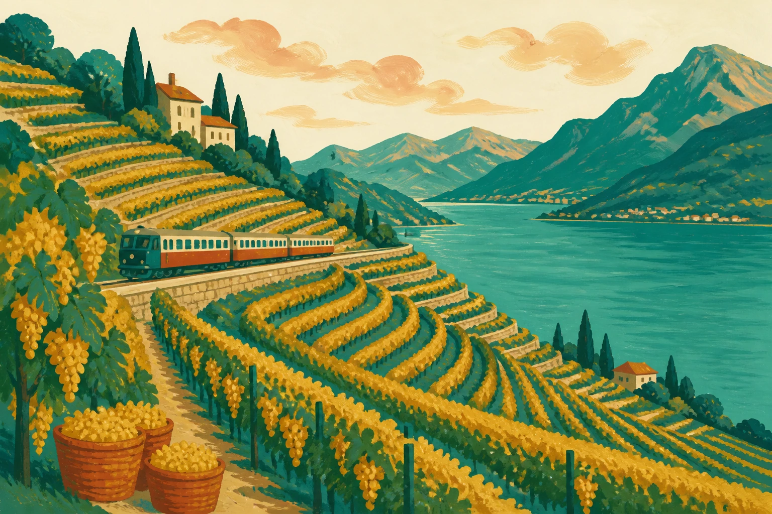 Gouache illustration of terraced vineyards in autumn colour with a train curving between them