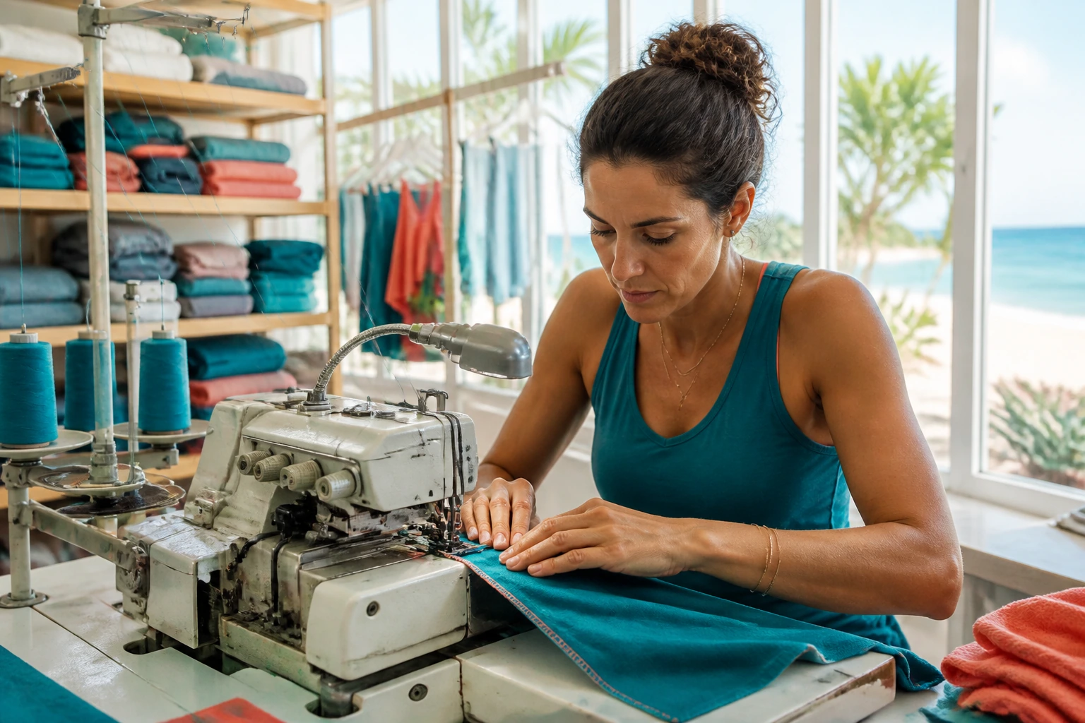 A machinist running a flatlock seam in teal swim jersey in a bright coastal workroom
