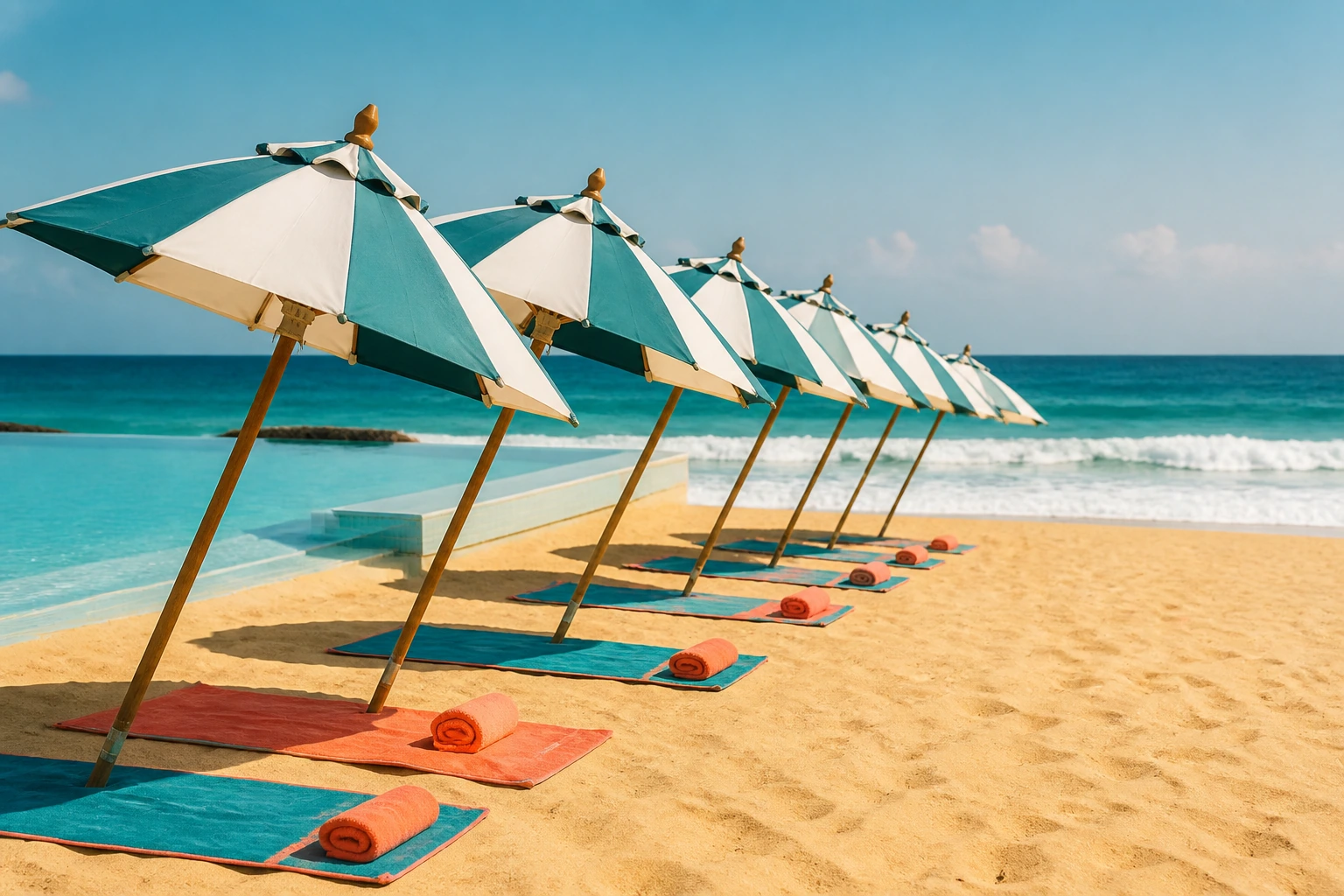 Rows of striped parasols leaning over pale sand at midday