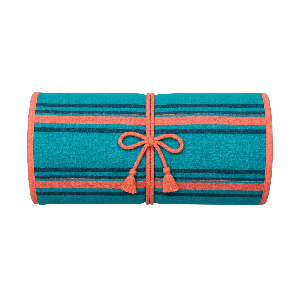 A rolled beach towel striped in aqua, sun-yellow and coral